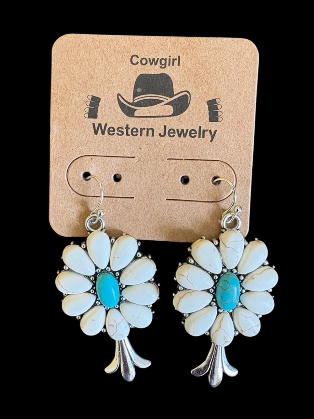 New! Faux White Howlite Turquoise Concho Flower Squash Blossom Drop Earrings